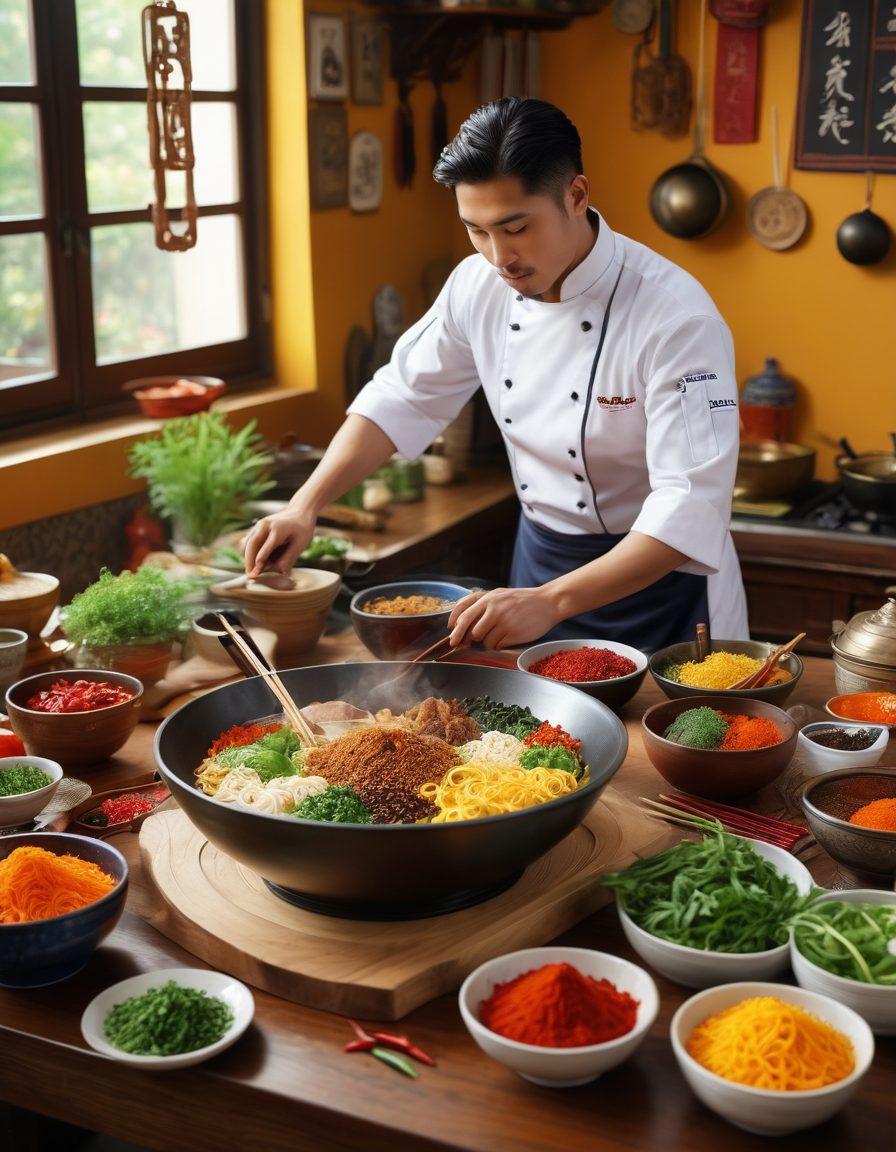 A vibrant Asian kitchen scene filled with traditional cooking utensils, colorful spices, and fresh ingredients. A chef preparing a dish, surrounded by aromatic herbs, intricate dishes, and cultural decor like lanterns and calligraphy. Show a steaming bowl of noodles as the centerpiece, radiating warmth and inviting aromas. The atmosphere should feel alive with the essence of Asian culinary traditions. super-realistic. vibrant colors. 3D.