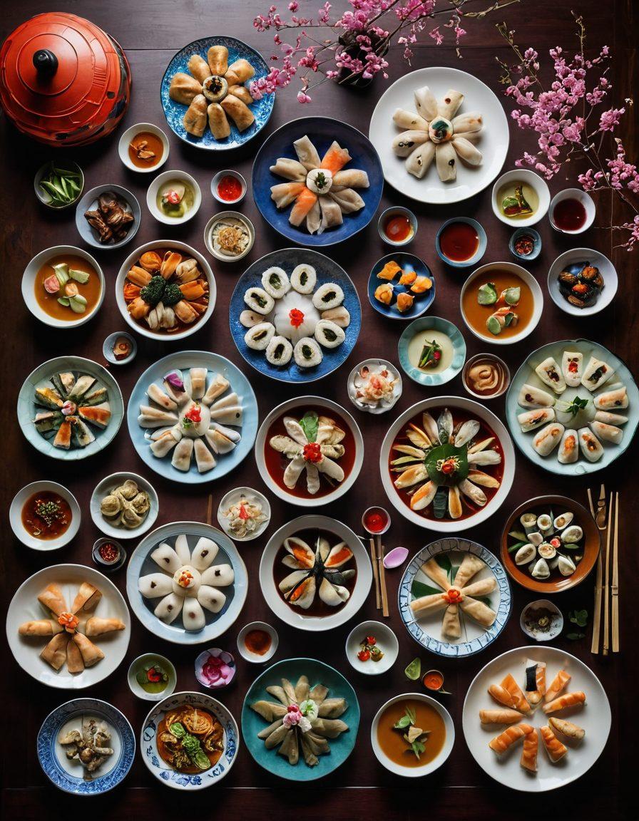 A beautifully arranged table showcasing an array of traditional Asian dishes, featuring colorful sushi, steaming dumplings, vibrant curries, and delicate spring rolls. The background should include traditional ceramics and bamboo utensils, while soft, ambient lighting enhances the warm, inviting atmosphere. Add decorative elements like cherry blossoms and lanterns to celebrate Asian culture. super-realistic. vibrant colors. soft lighting.