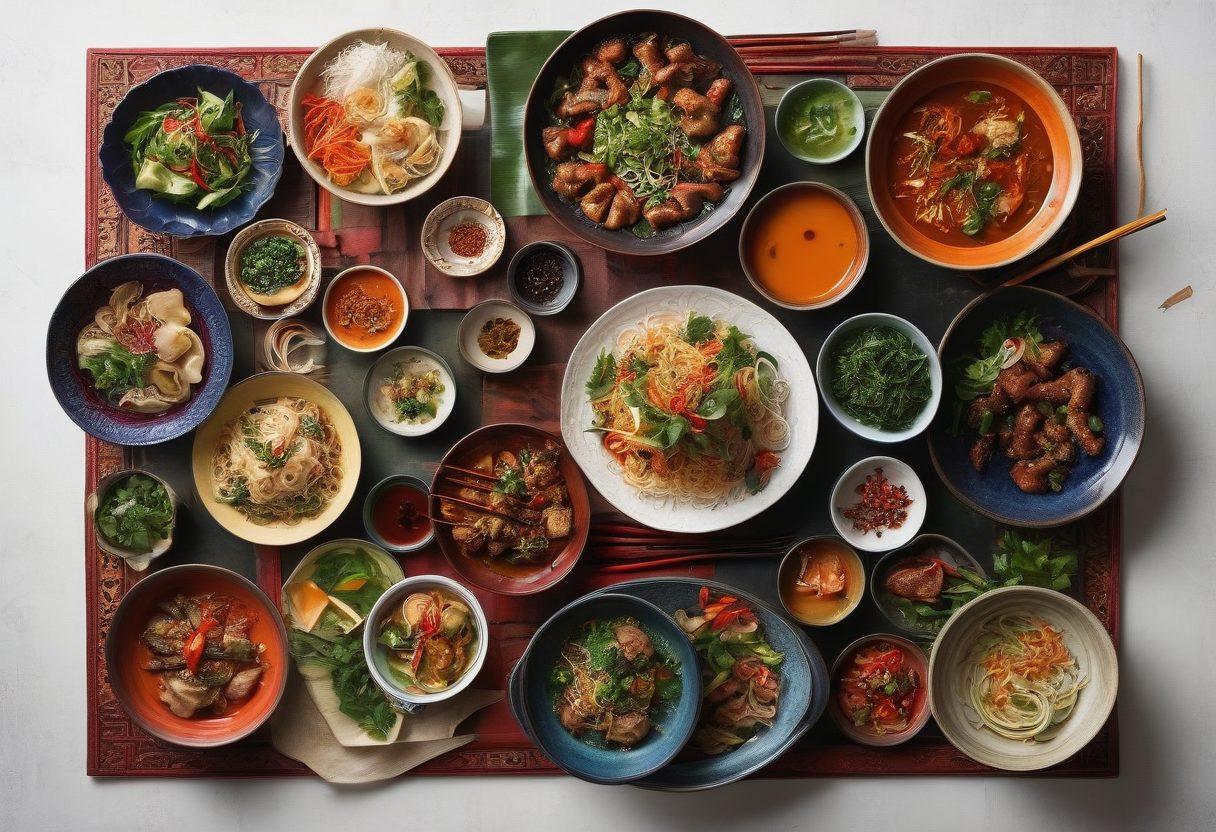 A beautifully arranged table showcasing an array of Asian dishes, emphasizing vibrant colors and intricate details. Include elegant chopsticks delicately placed on ornate bowls, surrounded by fresh ingredients like herbs and spices. Highlight the rich textures and presentation of the cuisine, blending traditional and contemporary styles. Incorporate a soft background with subtle hints of Asian motifs to enhance cultural ambiance. super-realistic. vibrant colors. white background.